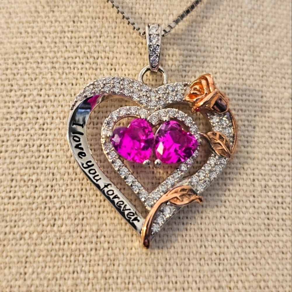 NEW 925 Silver Pink Heart Pendant Necklace Rose Gold N1P71